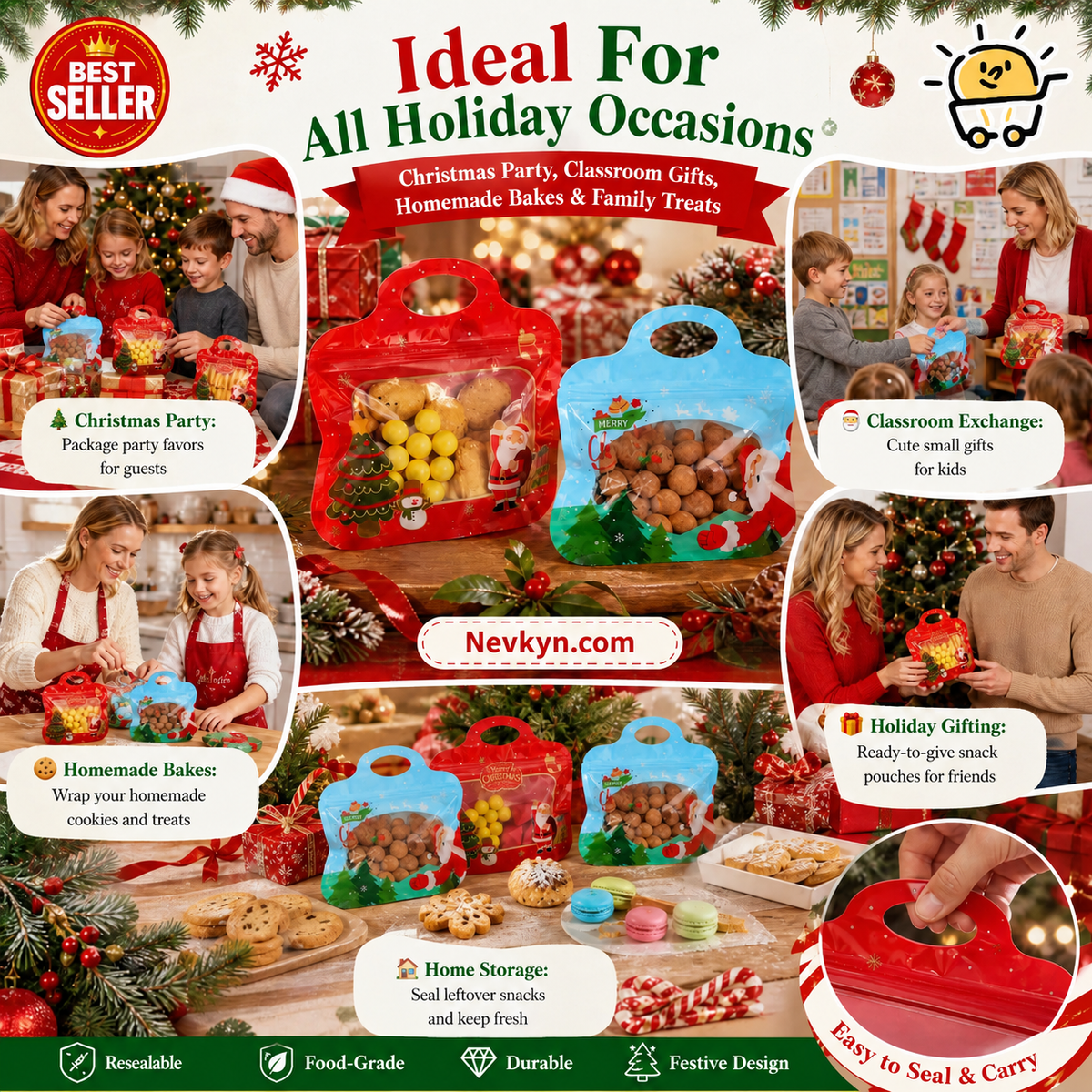 🎄 Festive Self-Seal Treat Bags – Santa & Snowman Print | Resealable, Food-Safe & Perfect for Cookies, Chocolates & Little Gifts⛄
