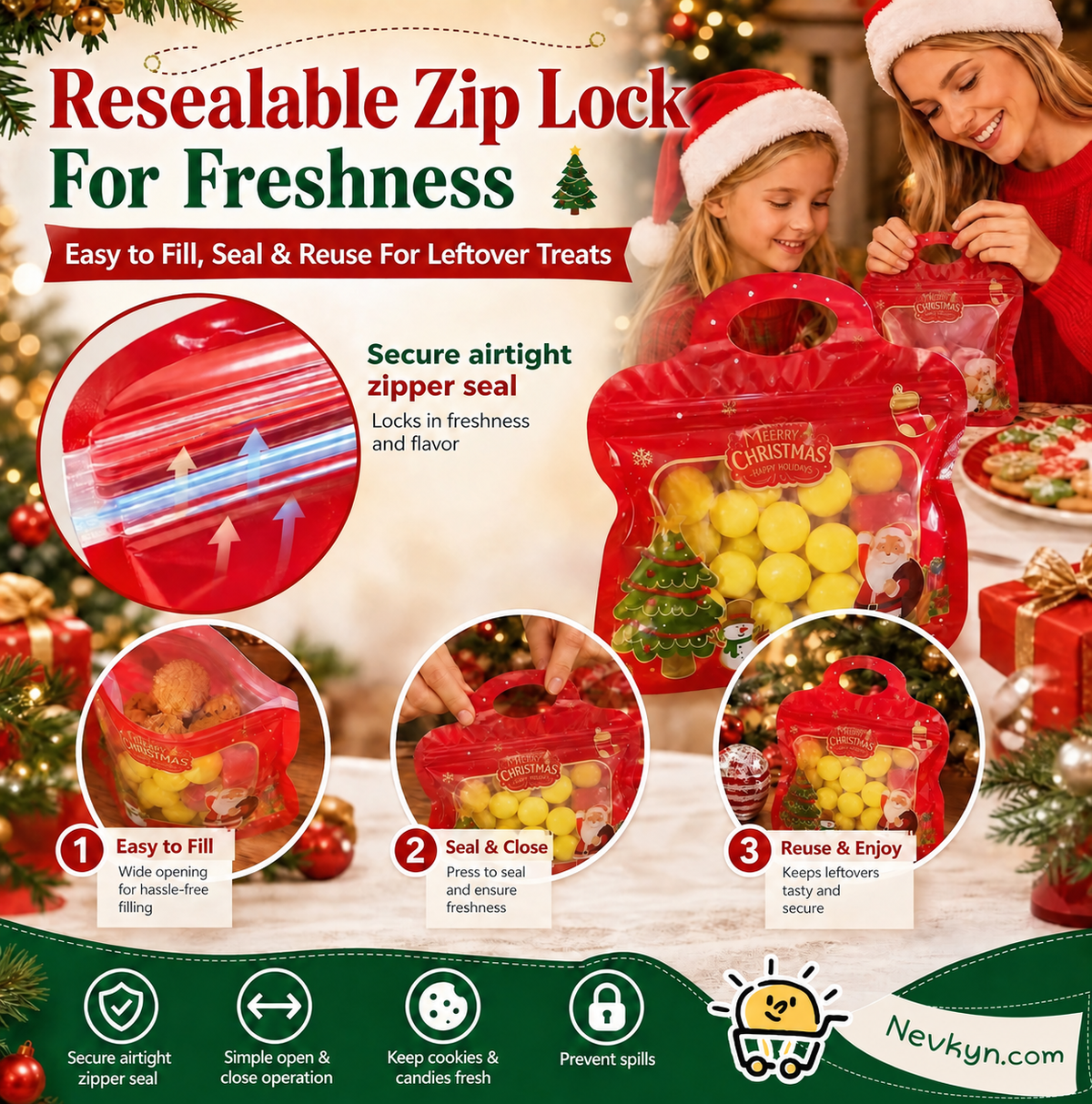 🎄 Festive Self-Seal Treat Bags – Santa & Snowman Print | Resealable, Food-Safe & Perfect for Cookies, Chocolates & Little Gifts⛄