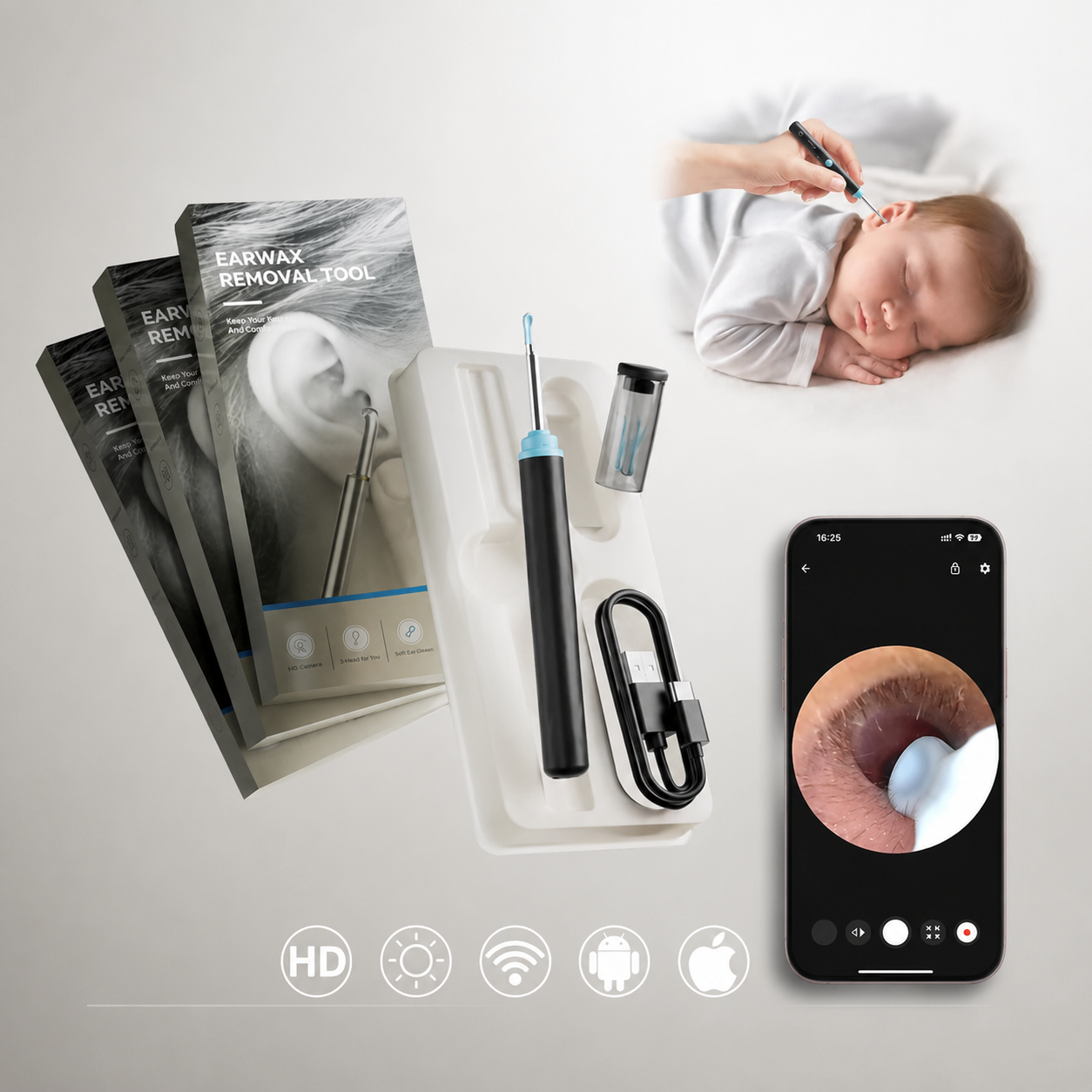 1080P Visual Ear Wax Removal Kit with Camera & App – Rechargeable Ear Cleaner with 8 Soft Silicone Tips